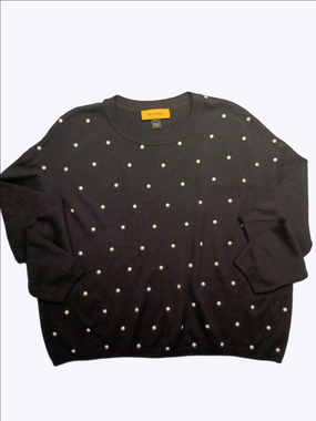 St. John Black Crewneck Sweater with Faux Pearl Dot Embellishments 90's